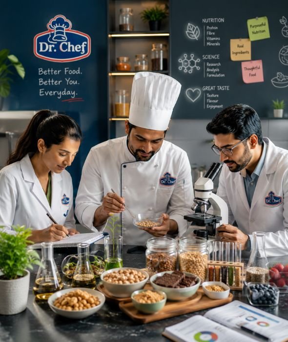 Dr-Chef nutritionist, food scientist and master chef collaborating on ingredient research in a functional food kitchen