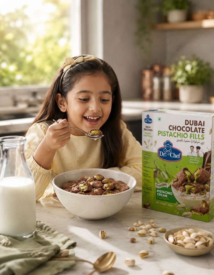 Family preparing a Dr-Chef breakfast bowl with milk in a modern home kitchen