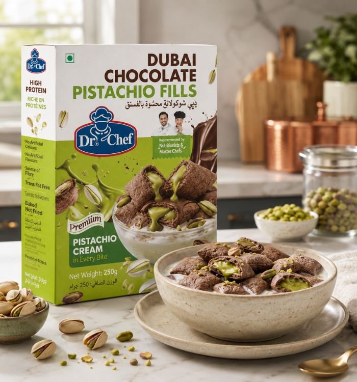 Dr-Chef filled breakfast cereal product displayed beside a prepared cereal bowl