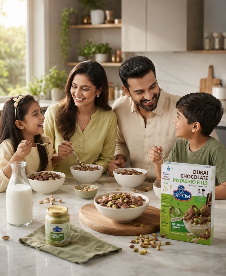 Indian family enjoying Dr-Chef breakfast cereal together in a bright modern kitchen
