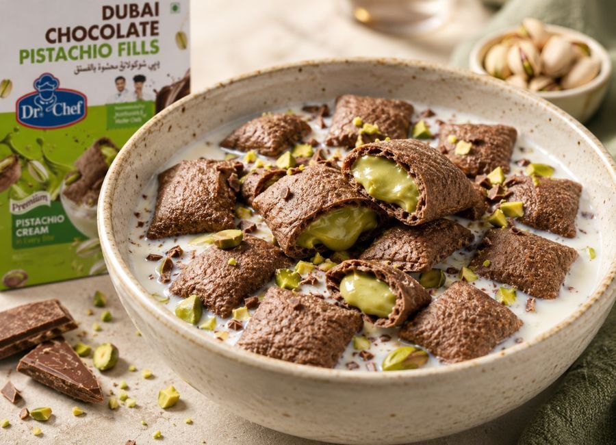 Close-up of Dr-Chef chocolate cereal pillows with creamy pistachio filling served in milk