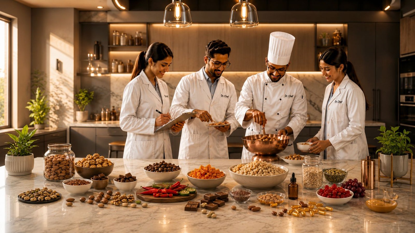 Dr-Chef nutritionists and master chefs developing functional foods in the Dr-Chef Functional Food Kitchen